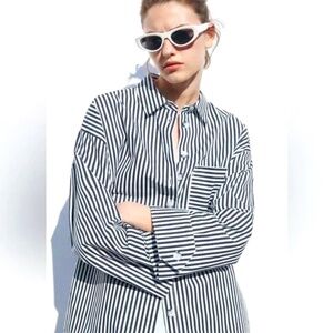 ZARA White And Blue 100% Cotton Striped Poplin Shirt SIZE M